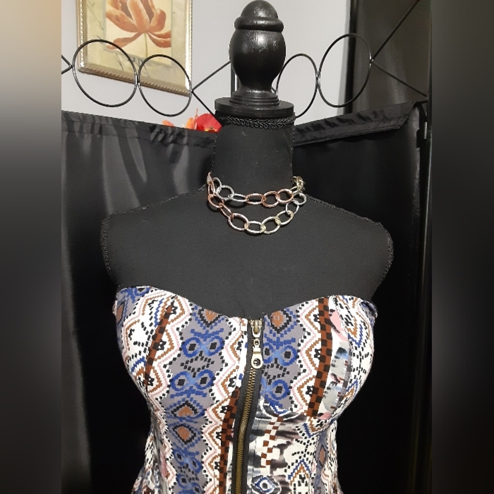 Say What Cropped Corset Top Front Zip Multicolor Pattern Women's M Sexy Intimate - Picture 2 of 7